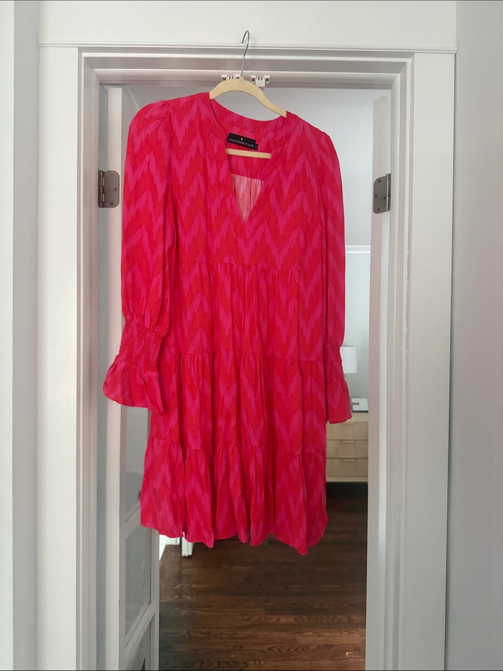 Pomander Place Hot Pink Chevron Tiered Long-Sleeve Dress